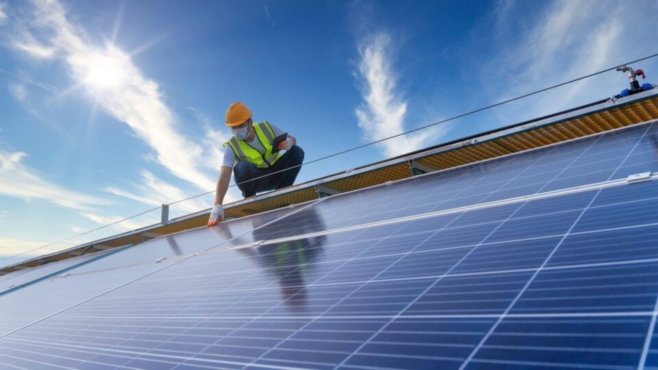 Solar energy, engineering team working on roof checking and maintenance